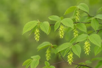 Fototapeta na wymiar Lush greenery on a hornbeam during springtime blossom