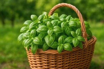 Naklejka premium A basket filled with fresh basil leaves