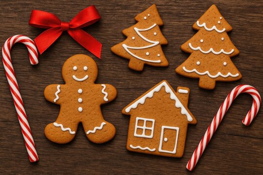 Festive gingerbread cookies adorned with candy canes on a rustic wooden surface