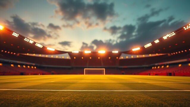 Empty soccer field at dusk with glowing stadium lights, creating a warm and atmospheric scene. - Powered by Adobe