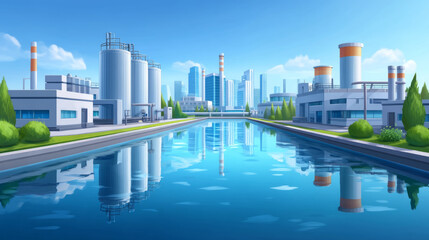 Modern urban water treatment plant with blue sky and reflective water