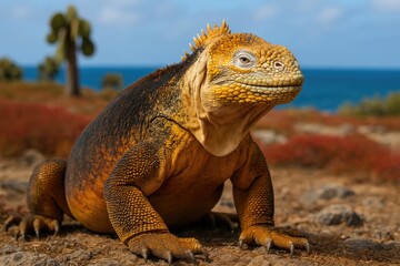 Fototapeta premium Wild Iguana Roaming the South Plaza Island in the Archipelago