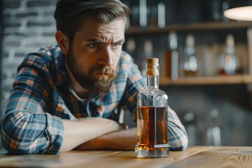 A Man is Looking at a Bottle of Alcohol with a Bottle of Alcohol in the Background