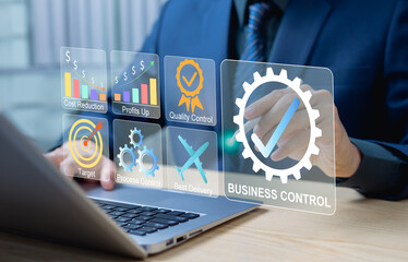 Business control, quality control and customer satisfaction assurance. Businessman presenting...