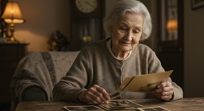 Elderly woman looking at old photographs sitting at a wooden table in a dimly lit room with lamp