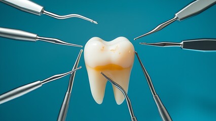 Dental tools in protective circle around aging tooth under clinical light