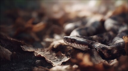Fototapeta premium Camouflaged snake coiled on forest floor