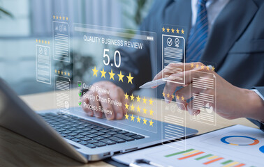 Businessman monitoring quality, supply chain, processes, and customer feedback to drive market...