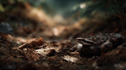 Obraz premium A coiled snake resting on the forest floor bathed in directional sunlight