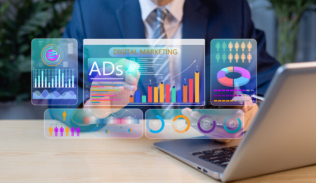 Digital marketing concept. Online ads dashboard on screen representing internet advertising, campaign analytics, and targeted digital marketing to reach specific audiences.