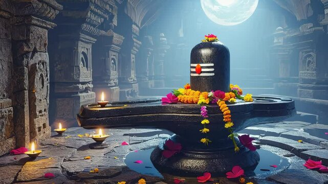 Spiritual offering at shiva lingam historic siva temple with candles and flowers in serene light 