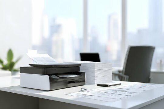 Modern printer setup on desk with printed documents and digital connectivity.