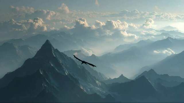 Majestic eagle soaring over misty mountain landscape at sunset  