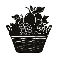 Black and white illustration of a fruit basket, for decoration, organic food marketing, or events