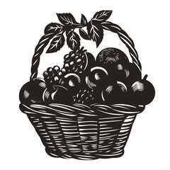 Fruit basket illustration, black and white, for decoration, organic food promotion, or events