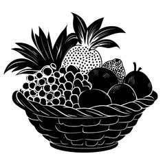 Fruits in a basket, illustration style, black and white, for decoration or branding
