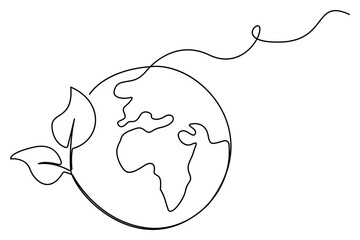 Continuous single line drawing of Earth with plant sprout symbol for sustainability and growth
