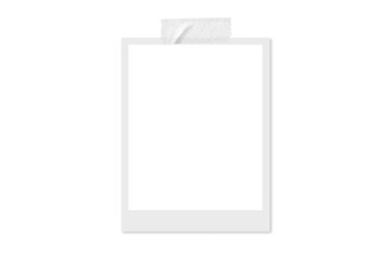 Blank simple photo frame isolated on transparent background. White photo frame hung with tape and...