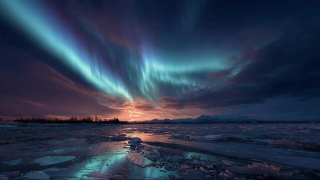 Northern Lights illuminating icy landscape at dusk with vibrant colors  