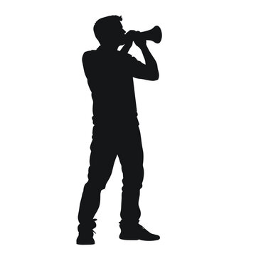 Silhouette of a man shouting with a megaphone, expression of activism, communication in society