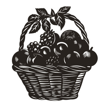 Fruit basket illustration, black and white, for decoration, organic food promotion, or events