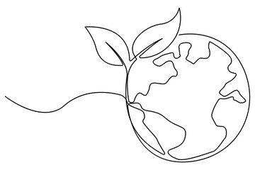 Continuous single line drawing of Earth with plant sprout symbol for sustainability and growth
