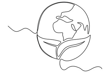 Continuous single line drawing of Earth with plant sprout symbol for sustainability and growth
