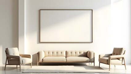 Minimalist living room interior with two armchairs, and a large blank frame on a plain white wall.