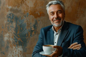 Vibrant Picture of Portrait of a Smiling Mature Businessman with Cup of Coffee