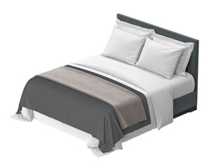 A cozy bed with white linens and gray blanket. A bed ready for a good night's sleep.