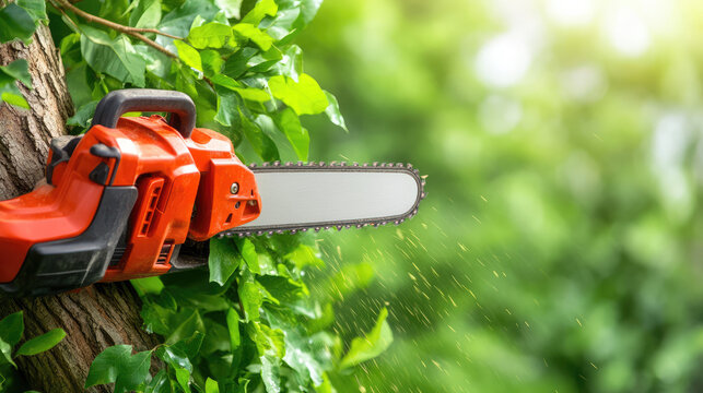 A red chainsaw is cutting through a tree branch surrounded by green leaves. Outdoor tool in action