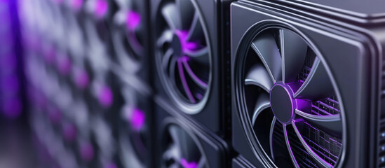 Cooling fans are stacked in a row, emitting a soft purple light in a technology setting. Concept: technology, cooling, hardware