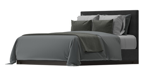 A luxurious, contemporary bed setup in a stylish bedroom, featuring a bed, pillows, and a blanket,...