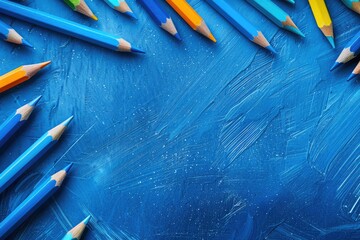 High Definition Image of a Blue Table with a Blue Surface with Many Pencils and Pencils