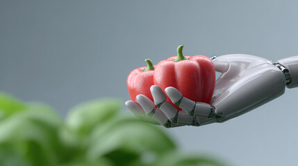 A robotic hand holds a red bell pepper, with green leaves blurred in the foreground. Technology meets nature, showcasing futuristic agriculture