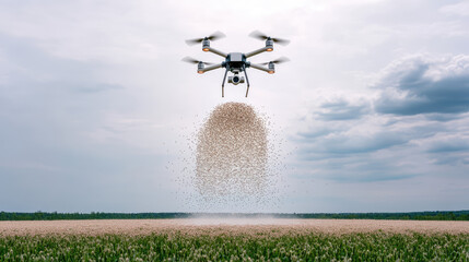 A drone is hovering above a field, dispersing seeds from a height. Agricultural technology and automation
