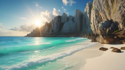 Idyllic Beach Paradise Turquoise Waters White Sands and Majestic Cliffs Bathed in Golden Sunlight A Tropical Getaway