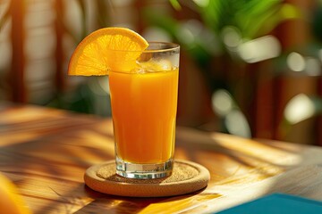 Clear Pixel Visual of a Glass of Orange Juice is on a Coaster