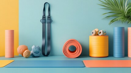 Colorful Yoga and Fitness Equipment Arrangement on Vibrant Background