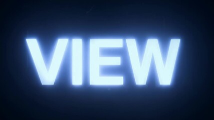 Glowing blue VIEW text displays animated pulsing neon light effects with electric blue illumination creating dynamic digital typography against dark background for modern design presentations - Powered by Adobe
