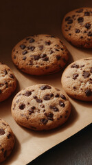 Chocolate chip cookies are arranged on a sheet of brown paper. Freshly baked cookies, sweet treat