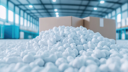 Fototapeta premium Packaging foam pellets are scattered on the floor in front of cardboard boxes. Industrial packaging and shipping supplies