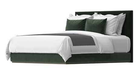 An elegant bed with fresh linens and pillows, ready for relaxation. The bed has a stylish design...