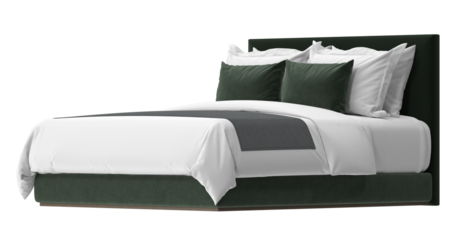 An elegant bed with fresh linens and pillows, ready for relaxation. The bed has a stylish design and looks very comfortable 