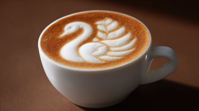 A cup of coffee with a swan latte art design on top sits on a surface. Artistry, coffee, swan, foam, white cup - Powered by Adobe