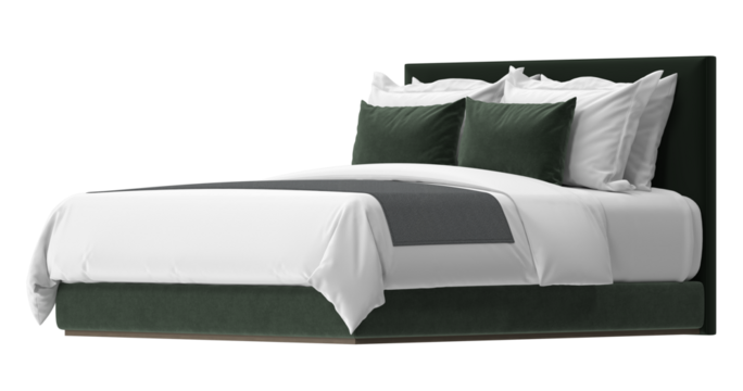 An elegant bed with fresh linens and pillows, ready for relaxation. The bed has a stylish design and looks very comfortable 