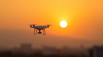 A drone is flying in the foreground against a vibrant orange sunset. Aerial technology at sunset