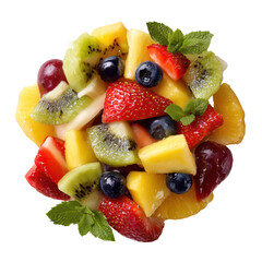 Colorful and refreshing tropical fruit salad displayed on a white background with mint