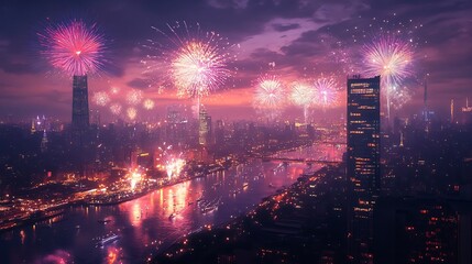 Fototapeta premium Dazzling Fireworks Illuminate the Vibrant Urban Skyline at Dusk