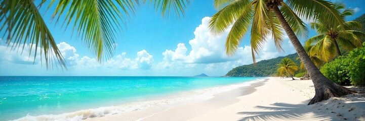 Sun-Drenched Beach Paradise Turquoise Waves Crashing Gently on a Lush Tropical Shore, Palm Trees Swaying in the Warm Breeze - Perfect for Summer Vacation & Travel Themes